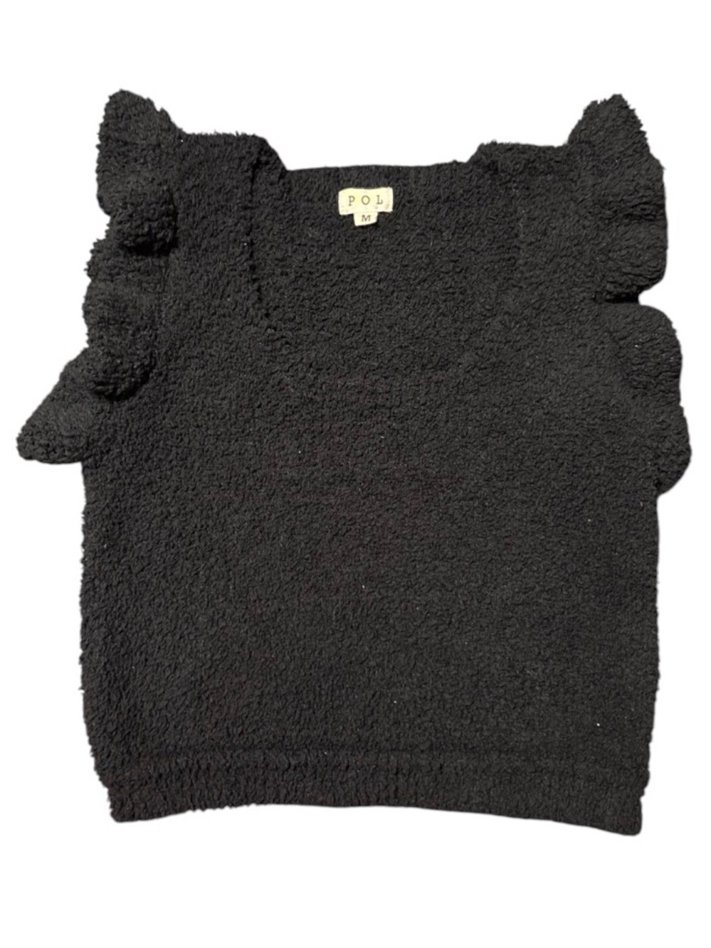 POL Black Rufflled Sleeve Sherpa Semi-Crop Top